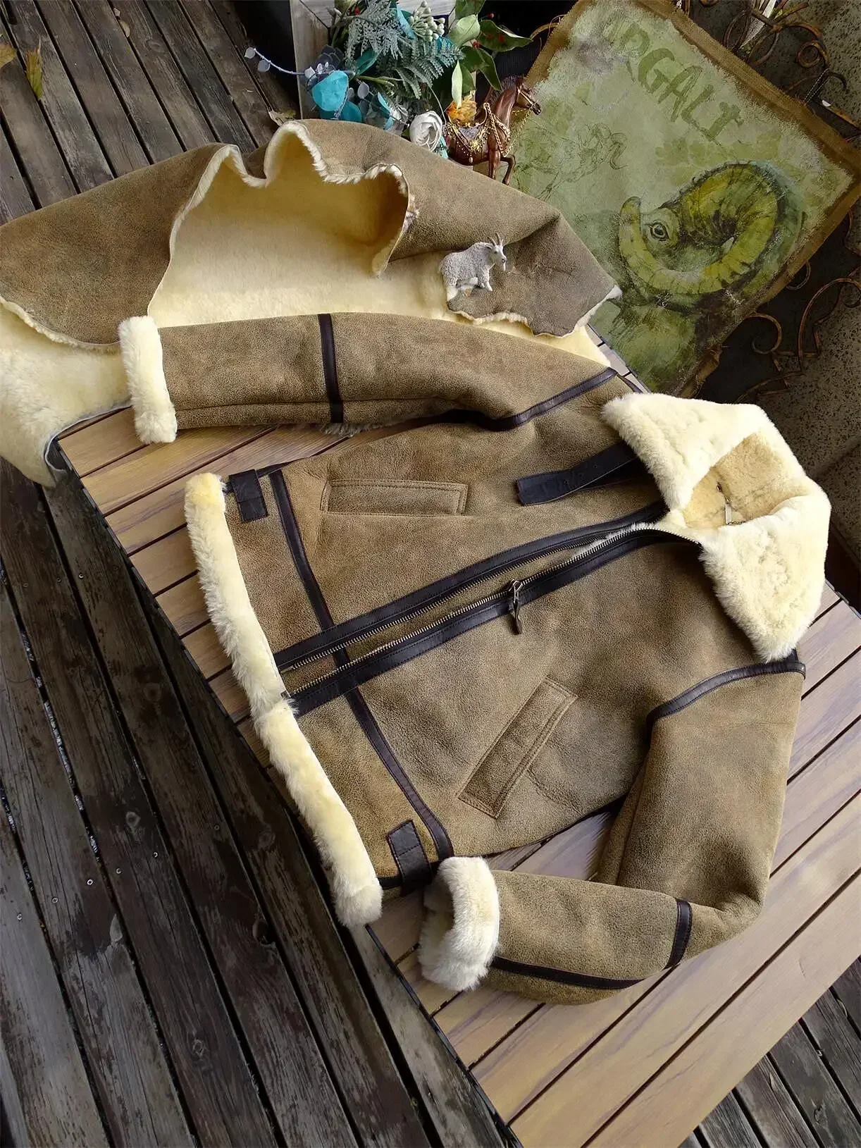 Tailor Brando Original Sheep Shearling American Vintage B6 Classic Pilot Jacket Men's Warm Real Fur Jacket