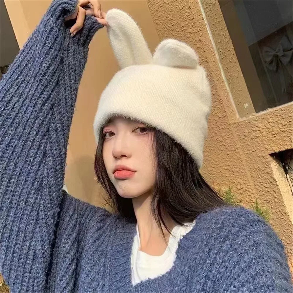 

Bunny Ears Knitted Hats For Women Autumn Winter Warmer Beanie Cap Fashion Woolen Hat Niche Design Hip-hop Hat Rabbit Ear Beanies