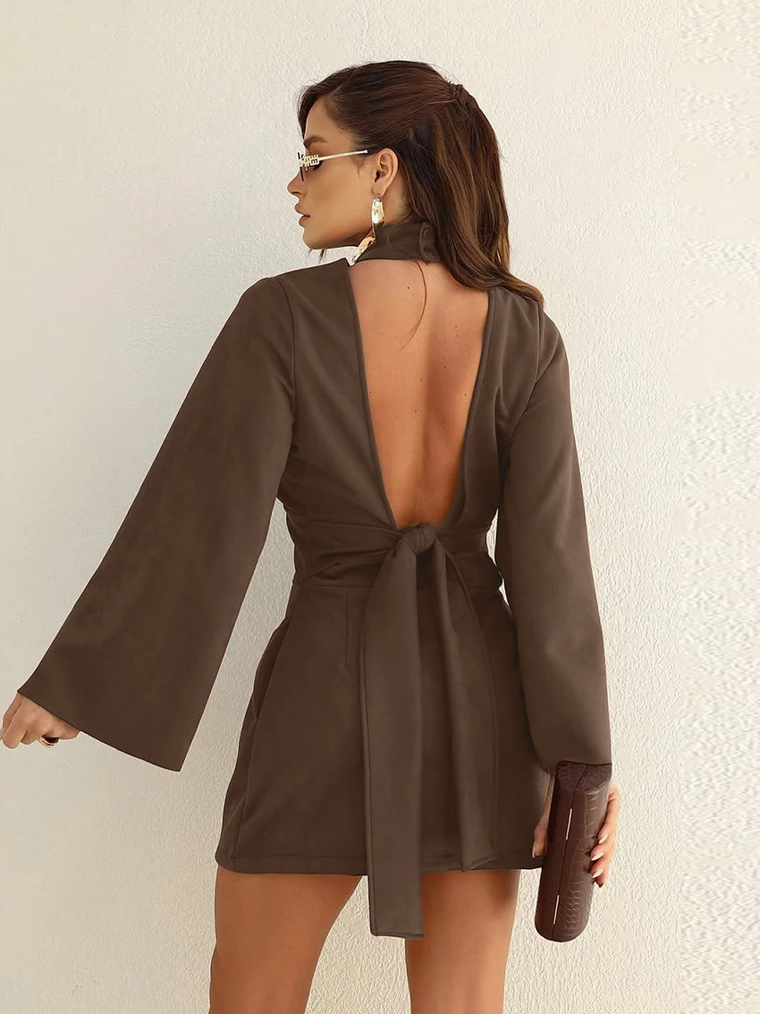 ชุดนอนฤดูหนาวสำหรับผู้หญิง Marthaqiqi แบบผูกคอ คอวี แขนยาว เปิดหลัง ชุดนอนสั้น ชุดนอนสำหรับสุภาพสตรี