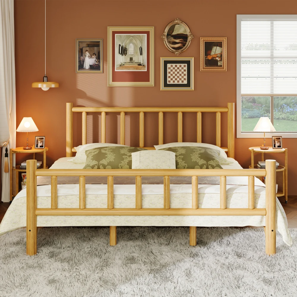 Bed Platform, Farmhouse Log Bed Frame Rustic Style Pure Solid Pine Cylinder Construction Bed Fits Mattresses and Box Springs