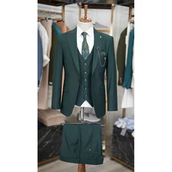 Green Men Suits 3 Piece Solid Color Fashion Peak Lapel One Button Outfits Slim Chic Smart Casual Wedding Party Tuxedo 2025