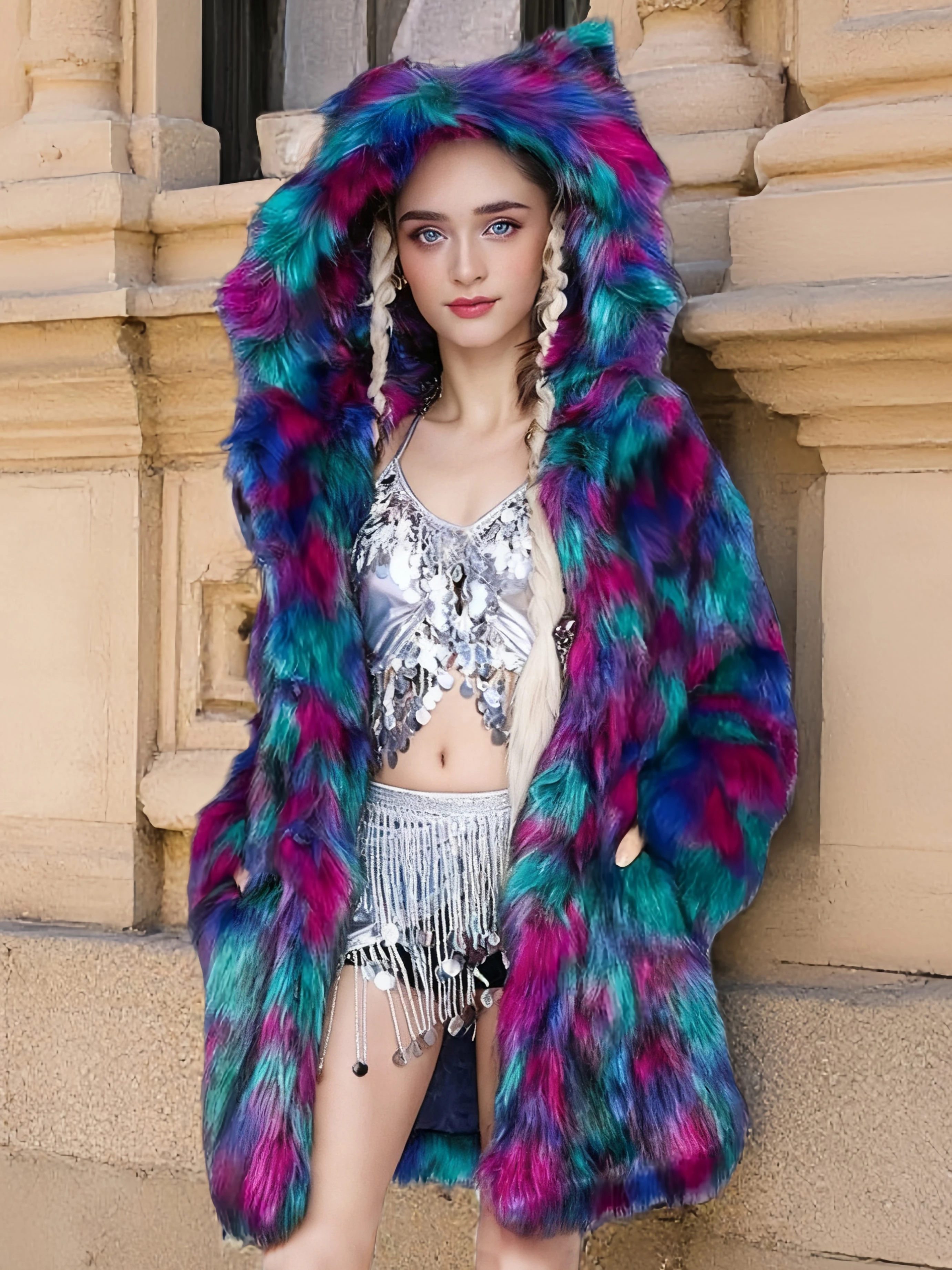 

Women's Cat Ear Hooded Rainbow Faux Fur Coat 2025 Winter Mid-Length Fluffy Warm Party Jacket for Music Festival
