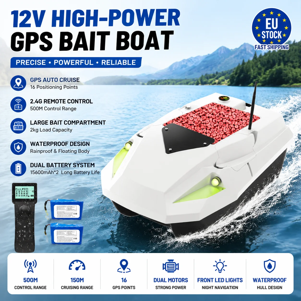 Bateau de pêche RC haute puissance 12V, double batterie, portée de 500 m, lumières LED, charge de 2 kg d'appâts, étanche, pour la pêche en lac professionnelle