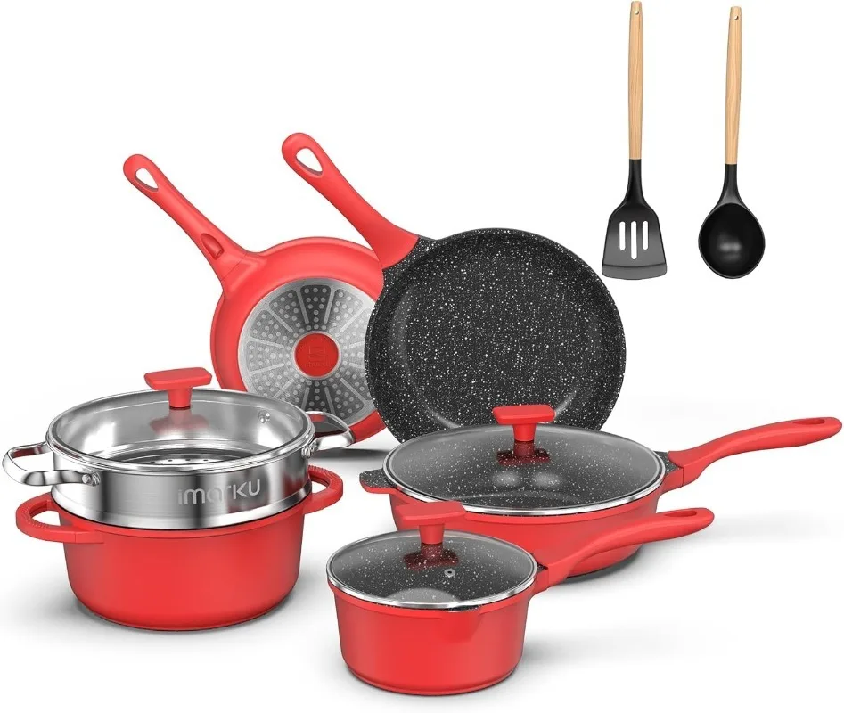 Pots and Pans Set,11PC Kitchen Cookware Set Nonstick, Cooking Pot Pan Set ,PFOA Free Pans Set with Granite Coating,Red