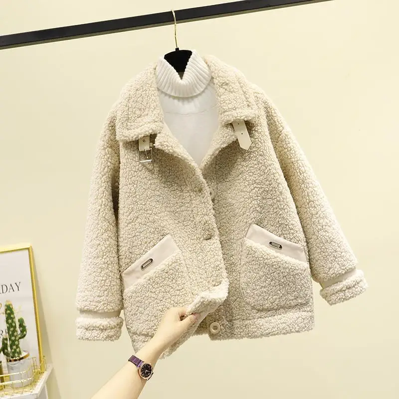 Lamb Plush Fur One-piece Coat for Women Autumn and Winter Korean Style Short Grain Velvet Turn-down Neck Small Jackets