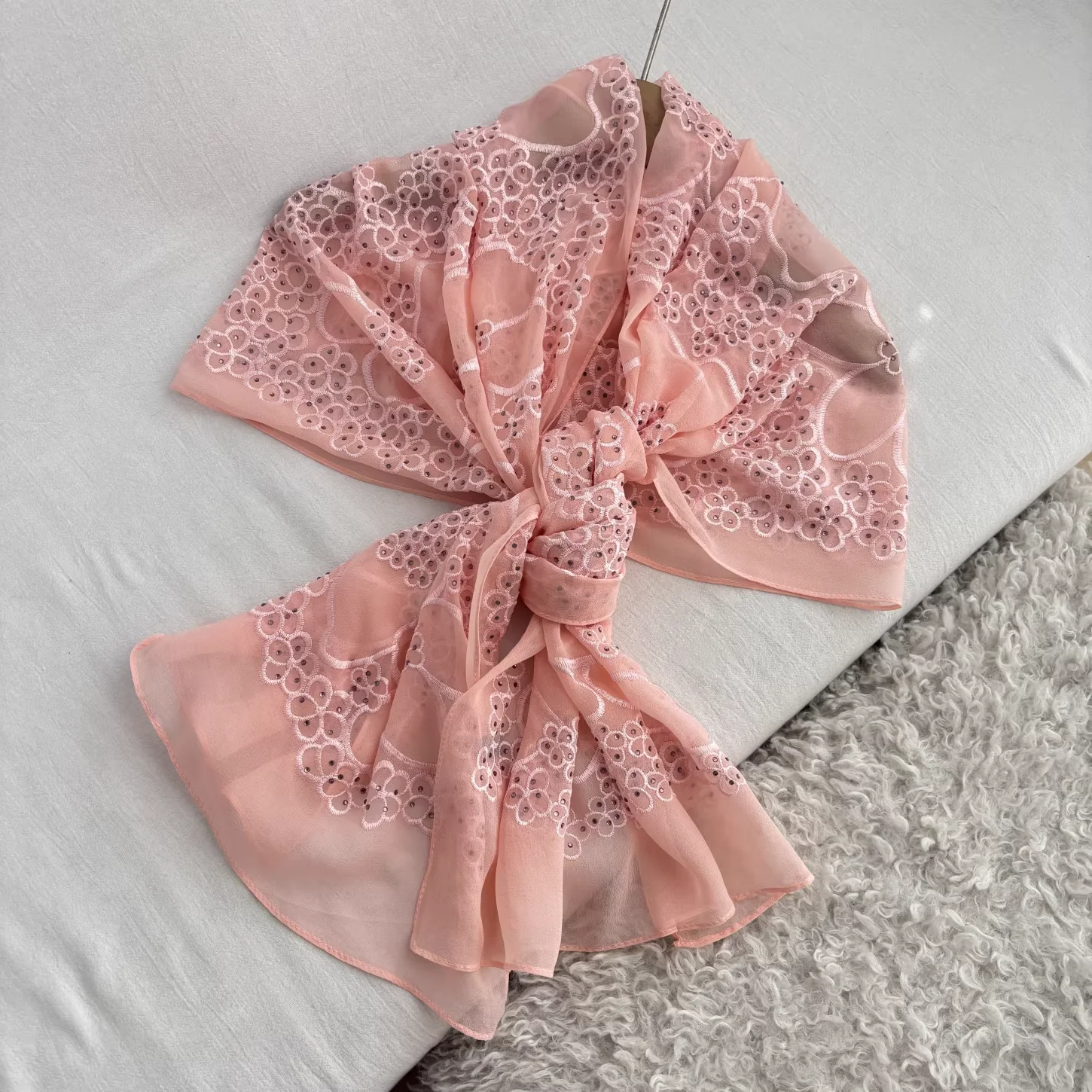 

100% Silk Womens Headscarves 2026 Luxury Brand Pink Floral Embroidered Neck Scarves Pure Silk Women's Cape Hijab