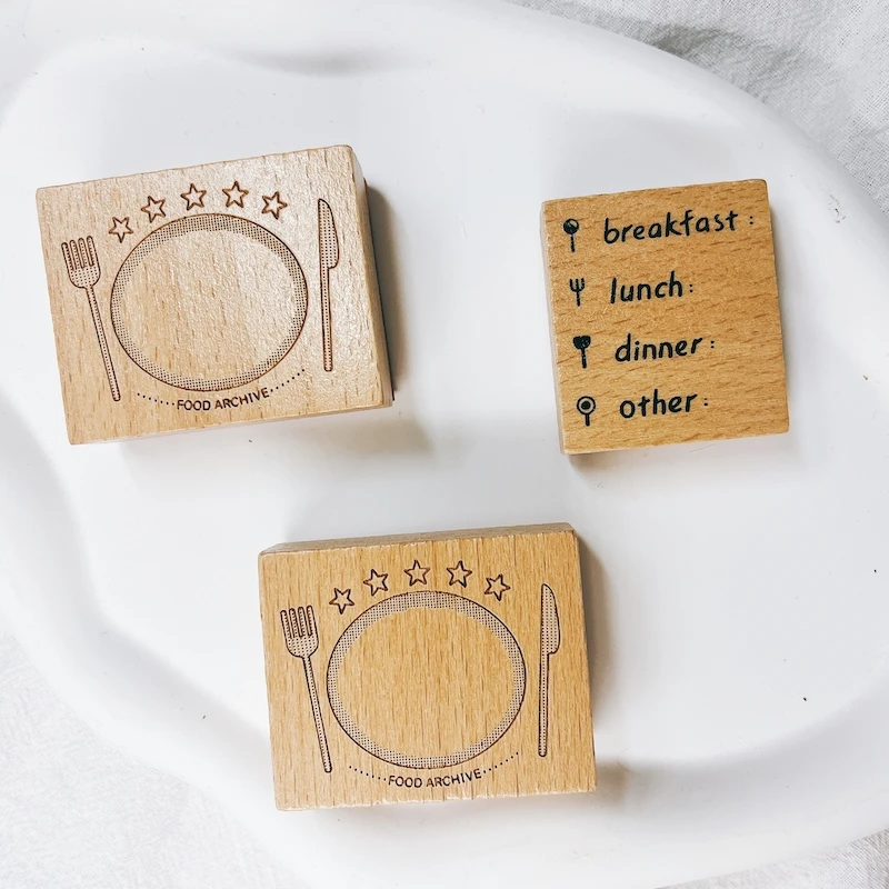 Cute Wood Stamp for Scrapbooking - Food Dish Design Recording 3 Meals Journal Decor DIY Wood Seal Journaling Supplies DIY Craft