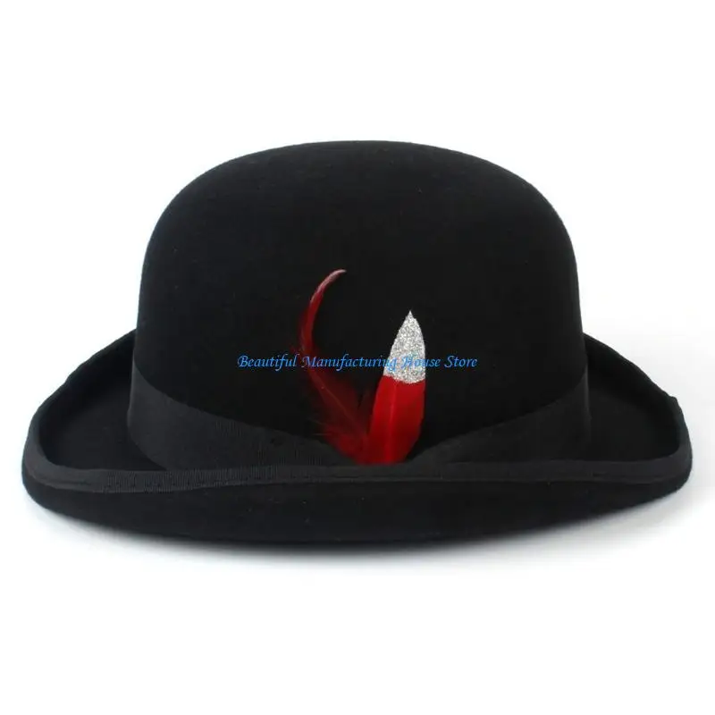 

E56A Unisex Solid Color Fedora Hat Womens Feathers Jazzs Top Hat Winter Panama Hat