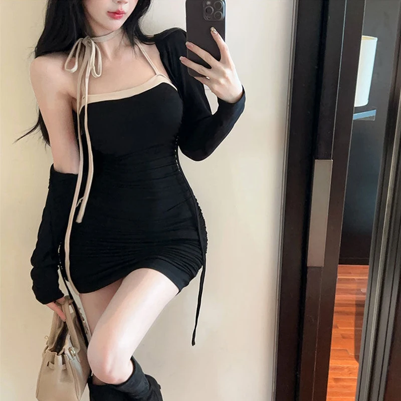 

Sexy Slim Mini Dresses Two-piece Set 2025 Spring Women Elegant Bandage Long sleeve Top + Korean Style Party Club Slip Dress Suit