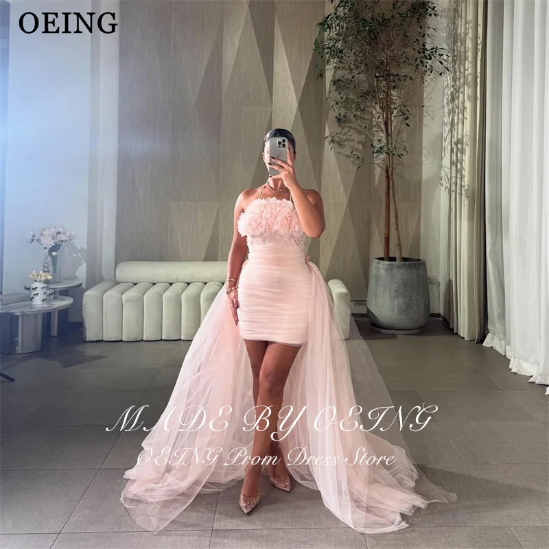 OEING Elegant Mermaid Prom Dress Mini Princess Pink 3D Flowers Gala Party Dress With Detachable Train vestidos Customized 2