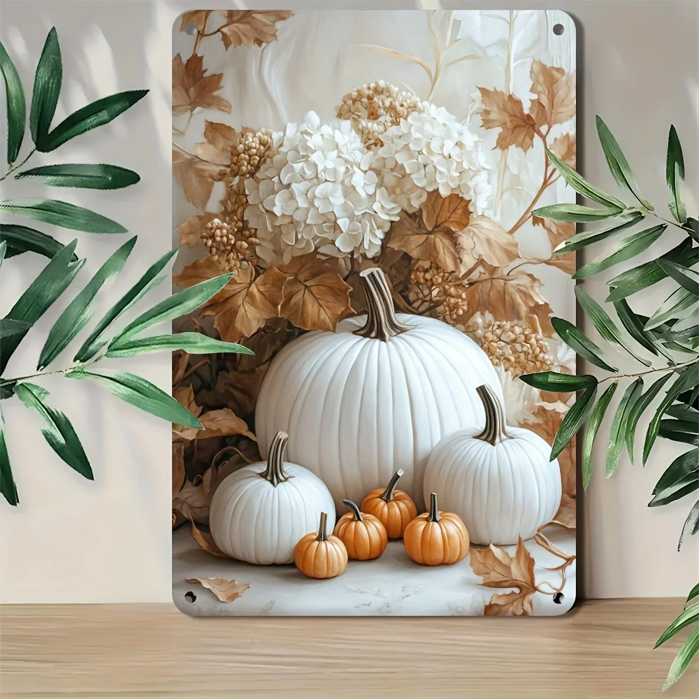 1PC Autumn Harvest Iron Sign 8x12 Inch Vintage Pumpkin and Floral Wall Art Thanksgiving Home and Bar Decoration