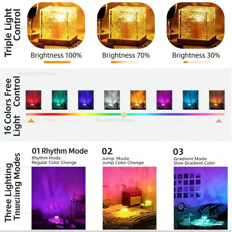 Dynamic Rotating Water Ripple Projector 16-Color Atmosphere Lamp Flame cCrystal Lamp Living Room Study Bedroom Night Light
