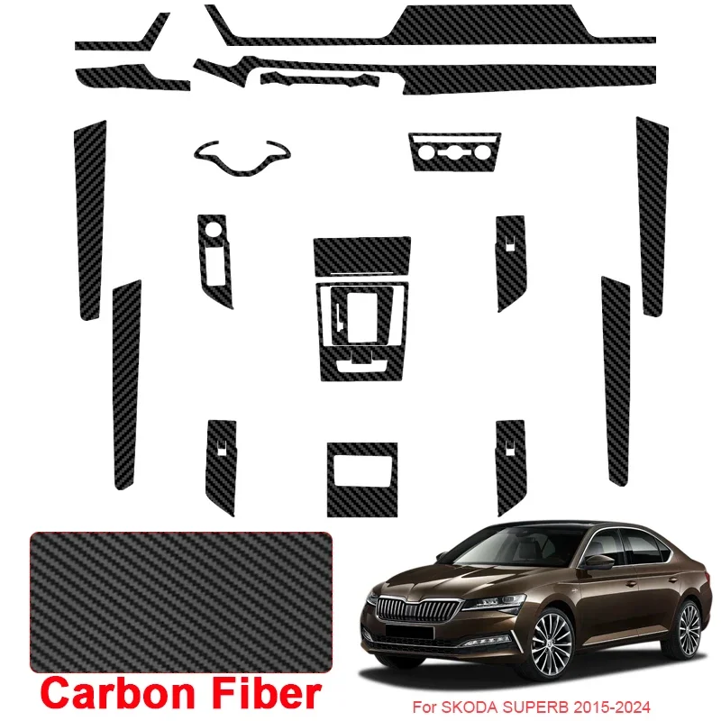 Car Carbon Interior Sticker Auto Window Lifting Panel Decal For SKODA SUPERB 2015-2024 Gear Door Protective Film Accessory
