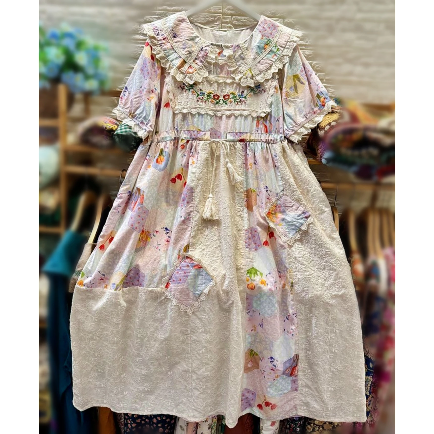 

Summer Vintage Cotton Patchwork Tunic Midi Dress for Women 2024 Cottagecore Lace Embroidery Retro Shabby Chic Evening Long Dress