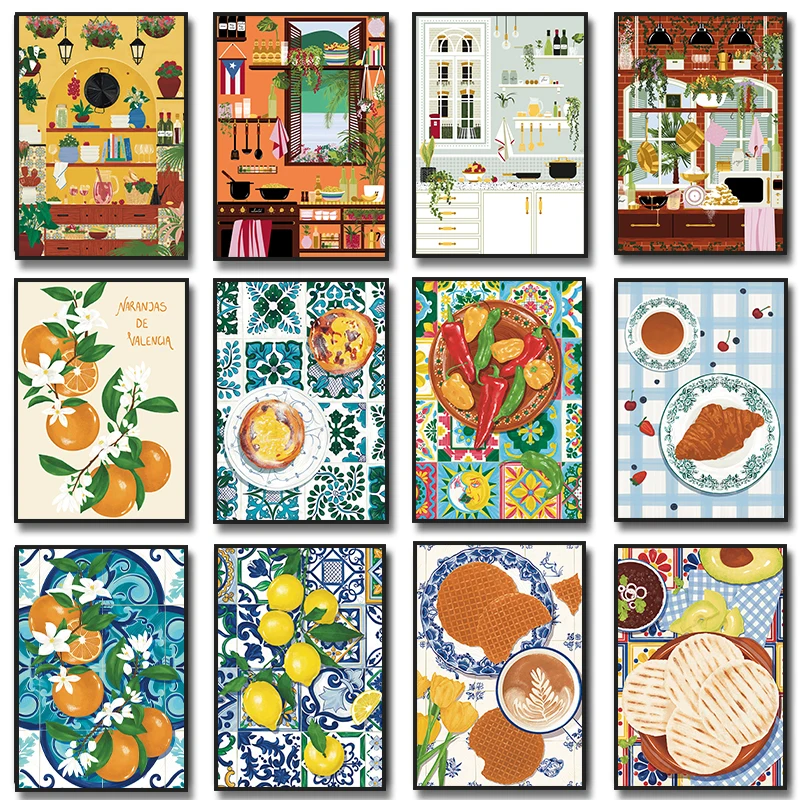 Póster Artístico para cocina, Impresión De comida española y Chile mexicano, limón, naranjas, pintura en lienzo, ilustración De cocina, Decoración De cocina