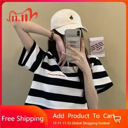 Black White Striped Cropped Top Women Summer New Korean Loose Short-sleeved T-shirt Fashion Egirl Letter Print Oversized Shirt
