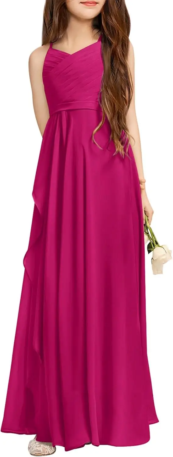 A-Linie Neckholder-Maxikleid für Mädchen, fließendes Chiffon-Blumenmädchenkleid für Junior-Brautjungfer, für Hochzeit, Party, Festzug