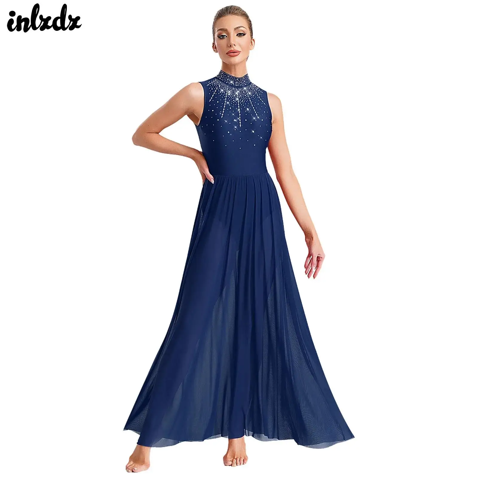 Damen-Maxikleid mit glänzenden Strasssteinen, Ballett-Tanzkleid, lyrisches, modernes, zeitgenössisches Tanzkleid, Abschlussball, Leistung, Eiskunstlauf-Kostüm