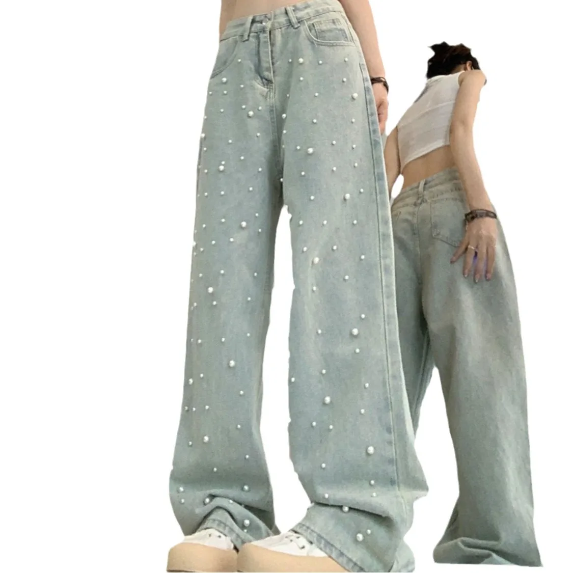 

Women Jeans Beading Wide Leg Pants Denim Jean Washing High Waist Loose Fit Pockets Basics Full Length Pants Slight Strech 2024