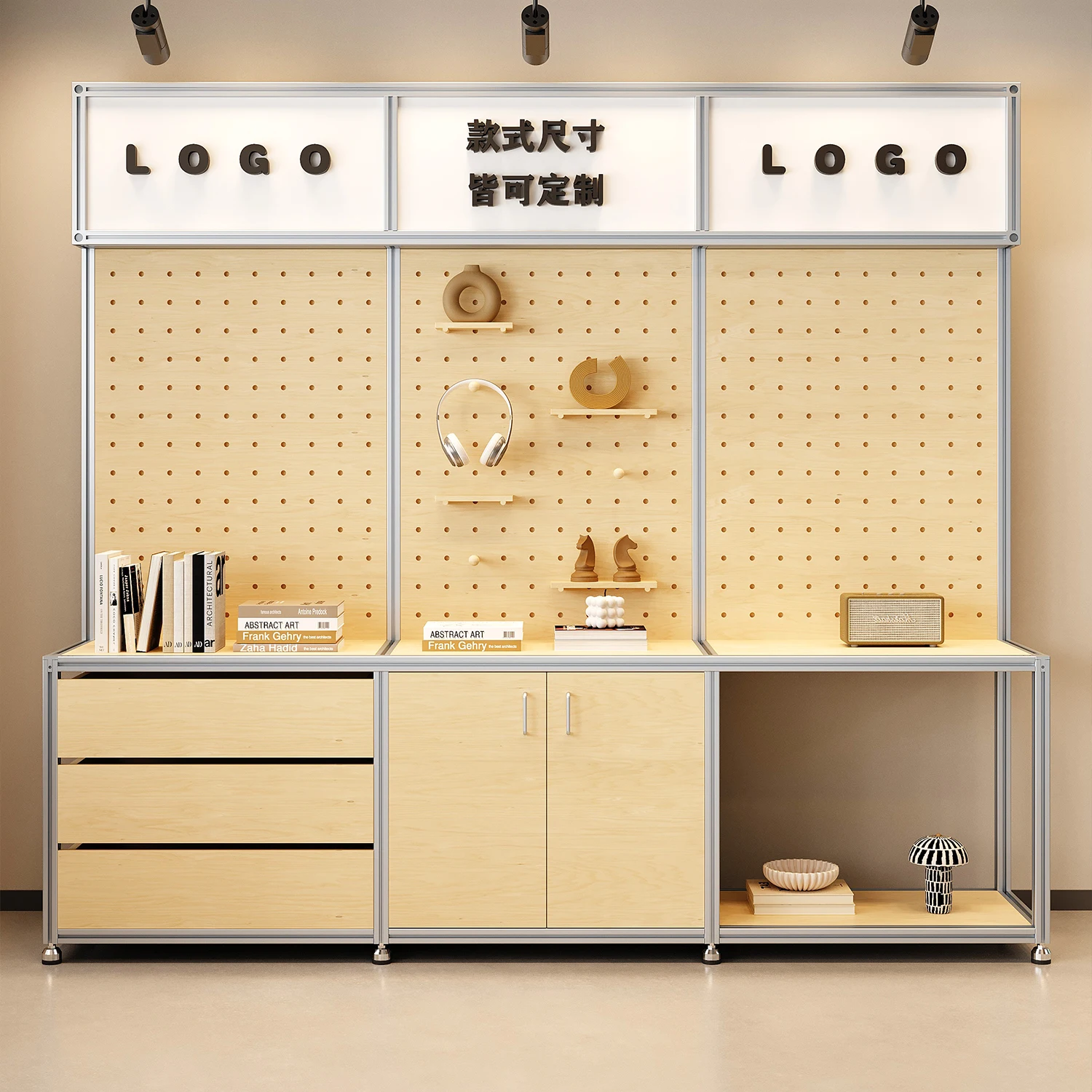 Aluminum profile sample display rack with light box birch ocean hole board Nakajima display cabinet merchandise product shelf