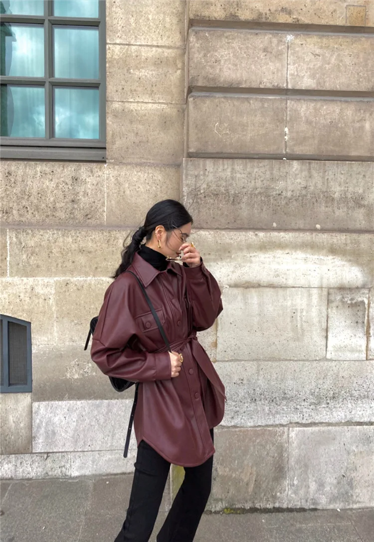 Spring Autumn Wine Red Retro Belted Shirt Coat Women Simple Commuting Long Sleeve Pure Color Casual Office Versatile Outerwear