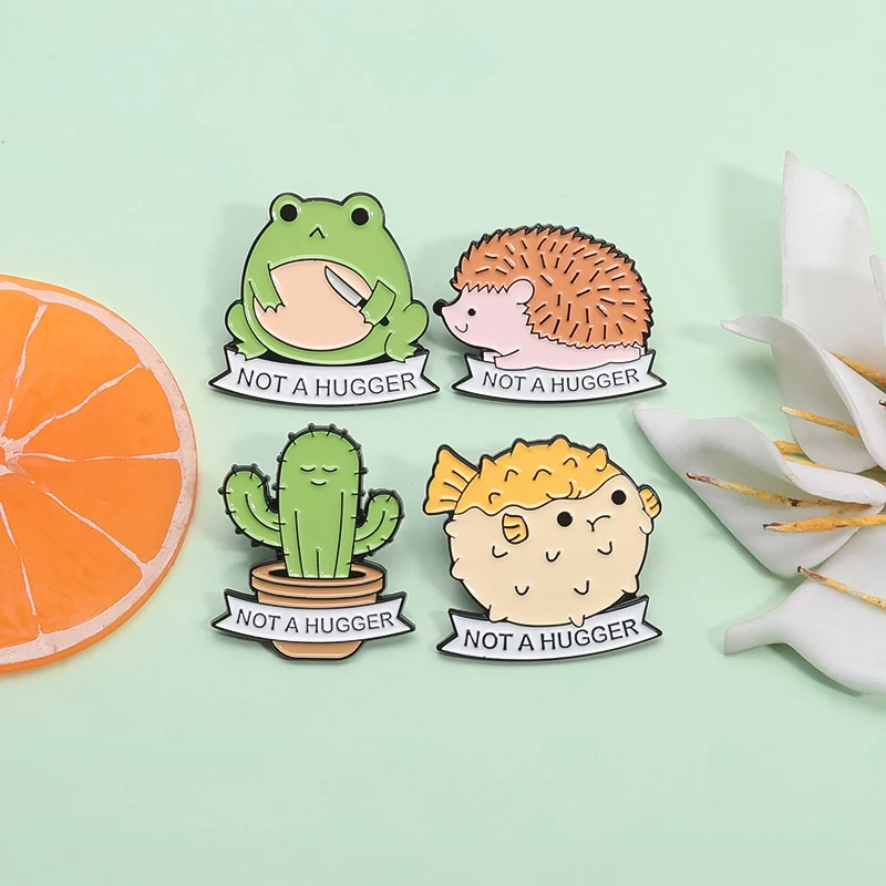 Not A Hugger Cactus Hedgehog Enamel Pins Cute Cartoon Frog Thorny Animal Brooches Lapel Badge Jewelry Gift for Friend Wholesale