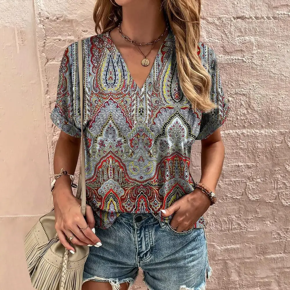 Retro Women\'s T Shirt Floral Print Summer Casual Ladies Clothes Short Sleeve Blouse V Neck Harajuku Clothing Female New Street