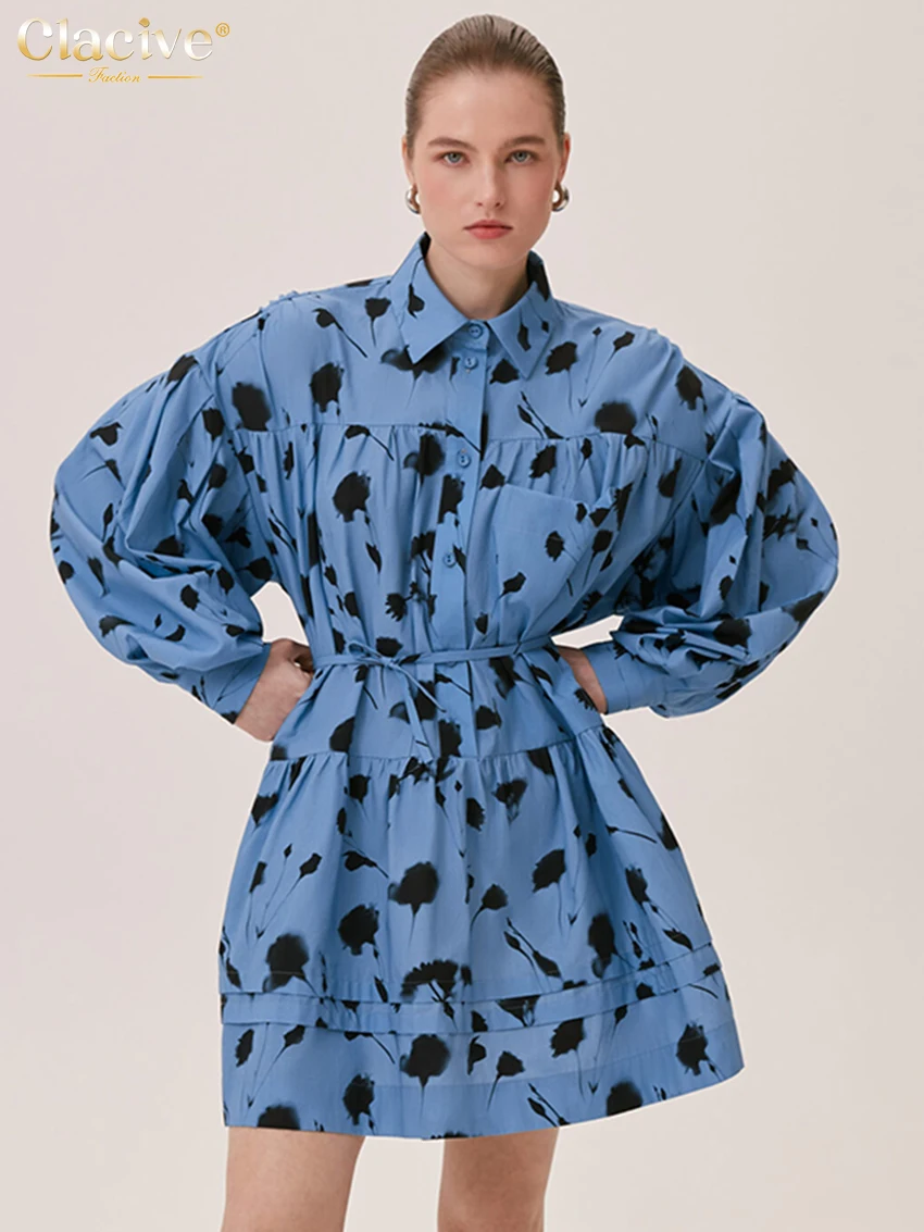 

Clacive Fashion Loose Print Women's Dress 2025 Casual Lapel Long Sleeve Mini Dresses Elegant Classic Lace-Up Female Dress