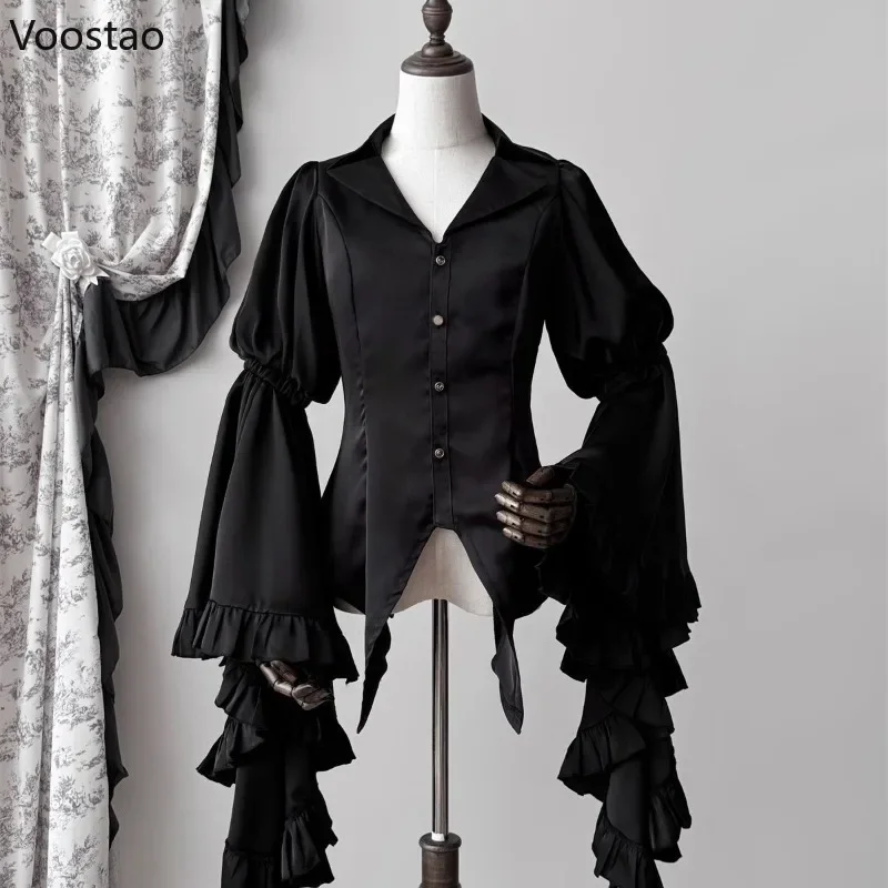 Victorian Vintage Lolita Shirts Casual Women Elegant Gothic Flare Sleeve Blouses Sweet Female Y2k Aesthetic Retro Tops Blusas