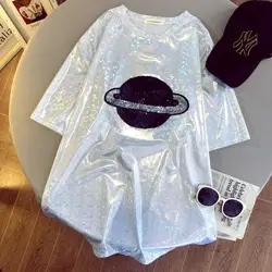 T-shirt Vrouwen Shiny Goud Zilver Wit Korte Mouw O-hals Stadium Mode Oversized Casual Zomer Sexy Femme T-shirt Vrouwen Tops