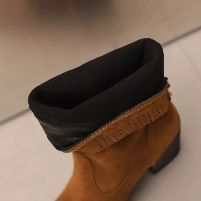 REAVE CAT 2025 Black Yellow Flock Suede Tassels Blue Size 48 Vintage Daily Booties Female Mid Calf Boots Round Toe Block Heels