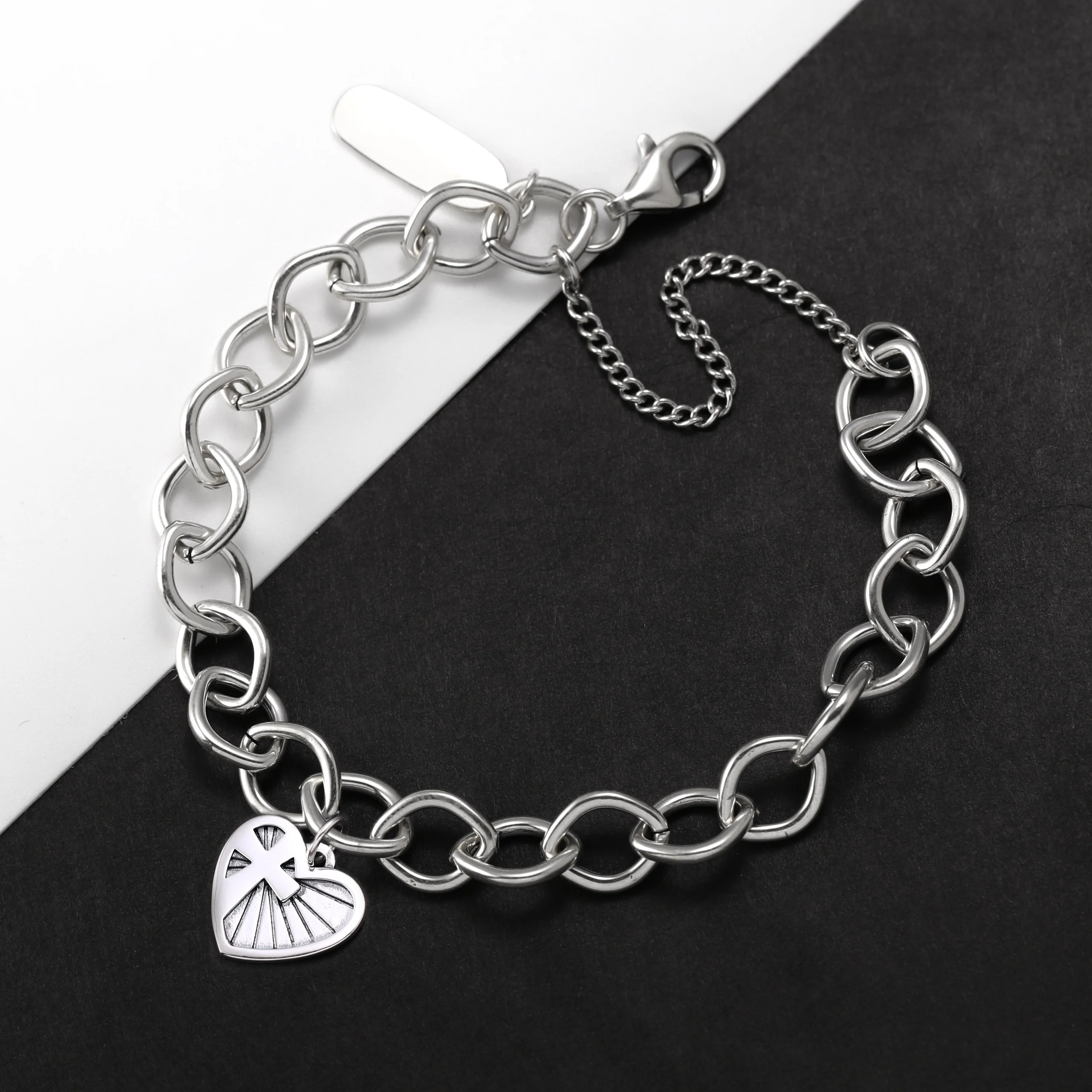 

Genuine 925 sterling silver Forged Link Charm Bracelet paired with Love Cross Pendant