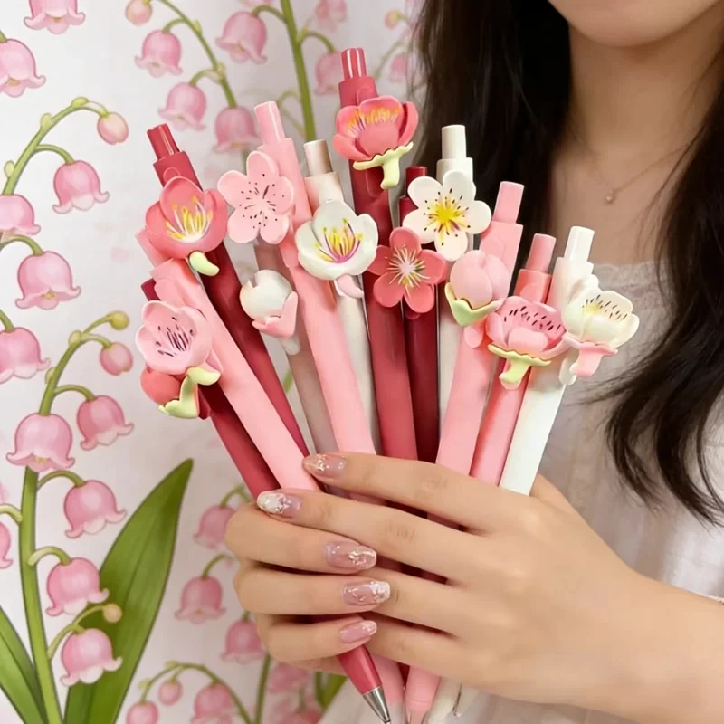 6/12/18pcs colorful flower-themed retractable ballpoint pen, romantic flowers, black ink, flower lovers