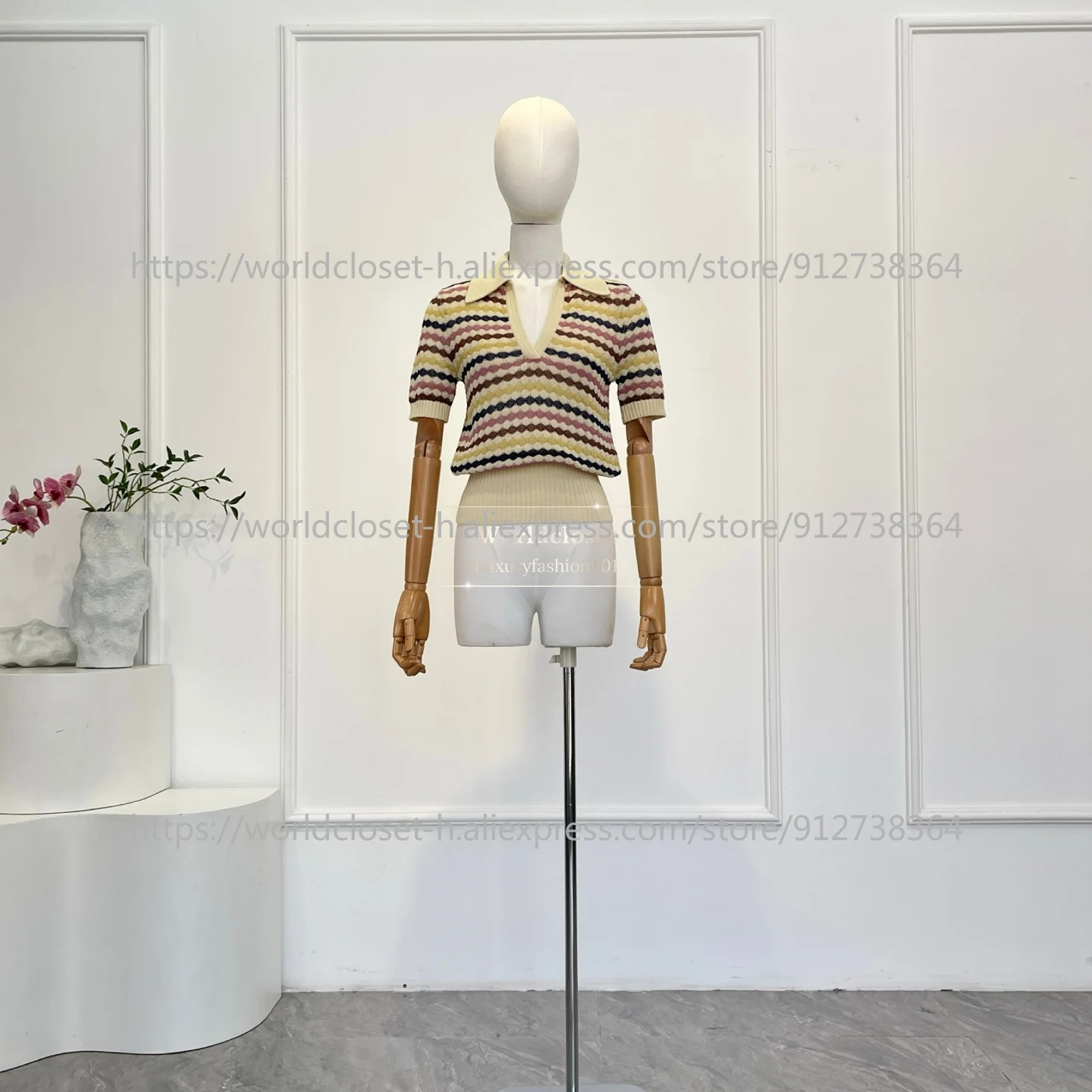 

2026 Hot New Beige Shell Lace Striped Print Short Sleeve Knit Blouse Tops and Skirt Set High Quality Cotton