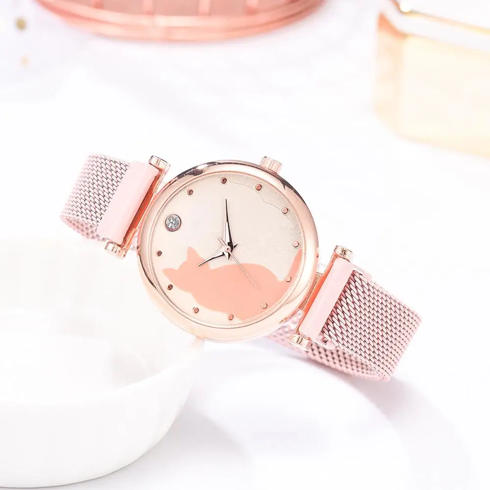 Dropshipping 5pcs/set Women Watches Rose Gold Bracelet Set Cat Pattern Black Magnet Watch Ladies Wrist Watches Quartz Clock