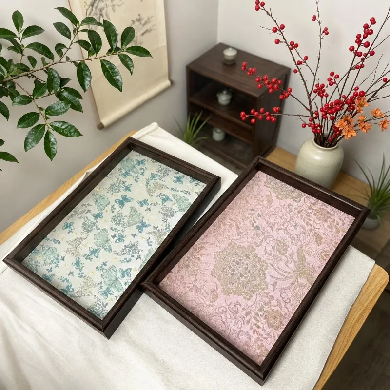 Rectangular Wooden Tray Chinese Style Gold-Sprinkled Fabric 3D Jewelry Display Tray Desktop Storage Tray for Trinkets Dresser
