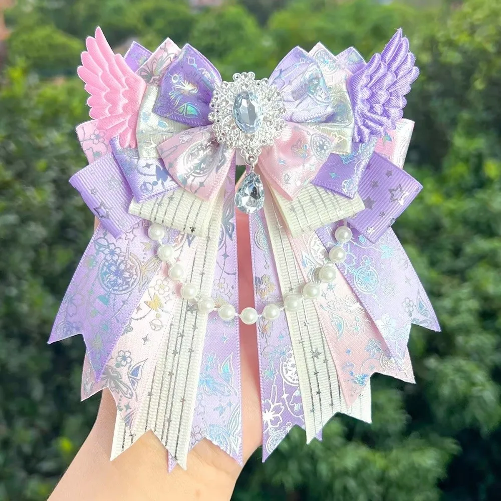 Gifts Double Layer Bow Brooch Gemstone Pendant Bead Chain Butterfly Knot Brooch Handmade DIY Angel Wings Brooch For Anime Lolita