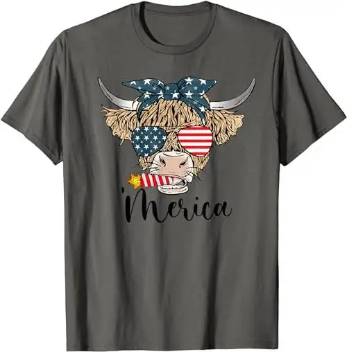 Merica Cow Cute Highland With Bandana Usa Fourth Of July T Shirt Sweat 52310