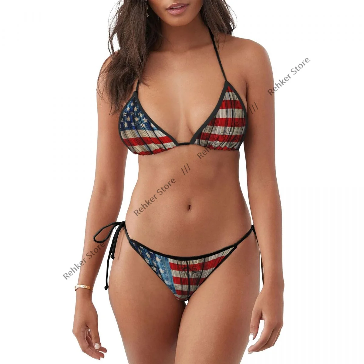 Sexy Bikini Women Swimsuit Two Piece Swimwear Old American Flag On Wooden Fence Bathing Suit Beachwear