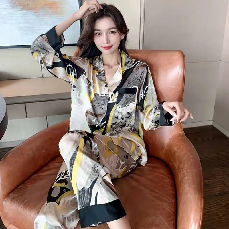 Silk Sleepwear Large Size Autumn Winter Ladies Pyjamas Long-Sleeved Suit Temperament Home Wear Outside Soft Casual Loungewear