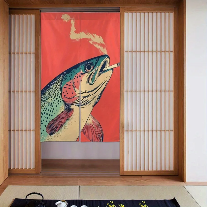 VIKAMA Funny Smoking Trout Linen Door Curtain Pop Art Retro Print Room Divider Privacy Screen for Bedroom Bar