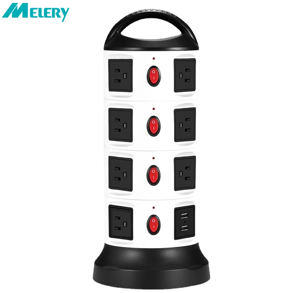 Power Strip US Plug Electrical Socket Vertical Tower American Outlet Surge Protector 2 USB Switch 3m Extension Cord Home Office