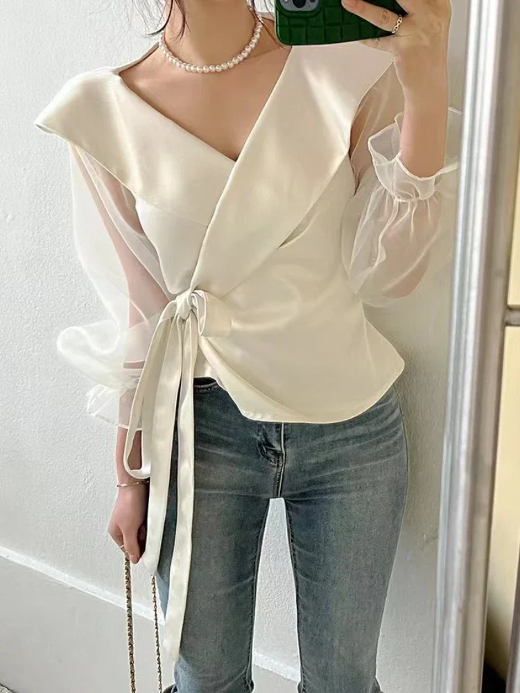 Perspective Gauze Patchwork Flare Sleeve Shirts Turn-down Collar Gloss Satin Blouse Women Korean Chic Belt Slim Wasit Solid Tops