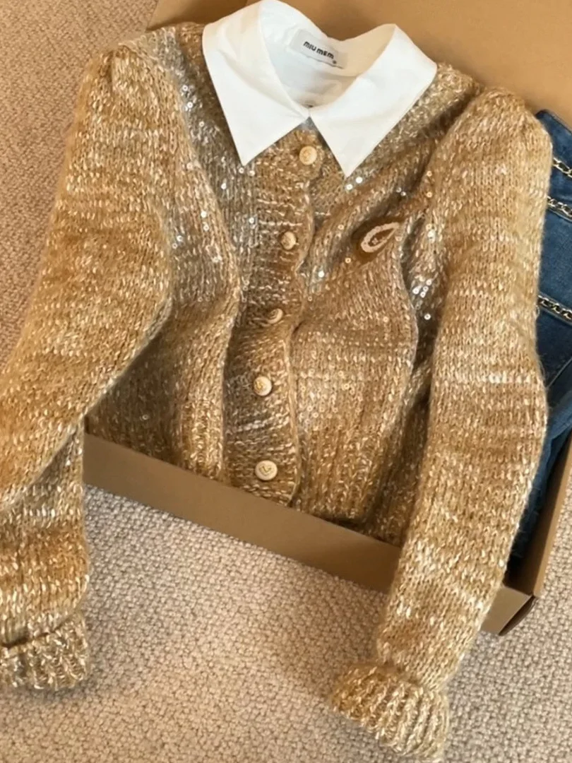 

Retro Sle Open Cardigan Long Sve Sequin Knitwear Outerwear plus Size Slimming Autumn Winter Women's Faion Warmth