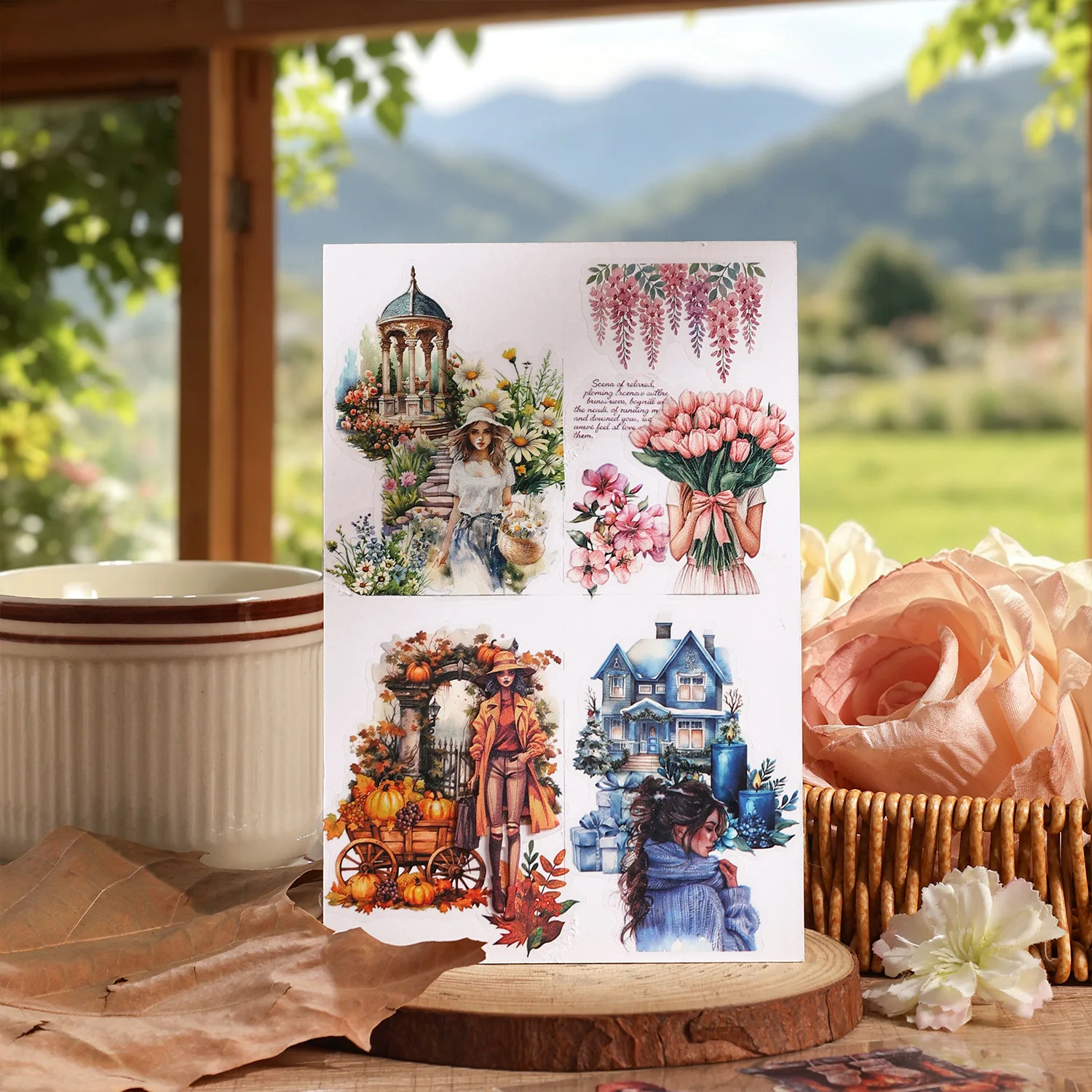 6 sheets Seasonal Landscape People Sticker Pack, Aesthetic Diorama Collage Paper for Handmade Craft