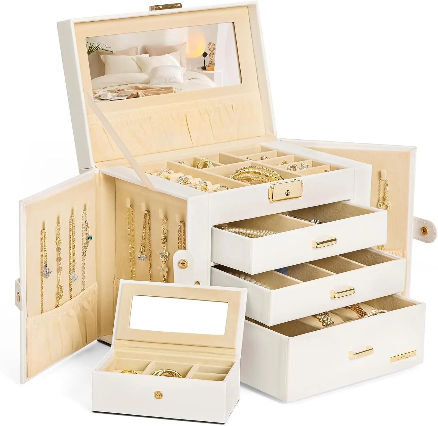 

2-in-1 Jewelry Box with Mirror & Travel Case for Women - Necklace, Ring, Earrings Organizer - White + Gold