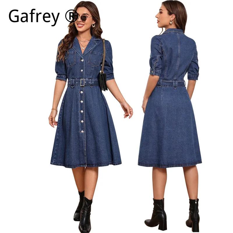 

Женское джинсовое платье больших размеров с коротким рукавом, приталенное, с поясом, облегающее, мини, повседневное, для выхода в свет, лето 2026