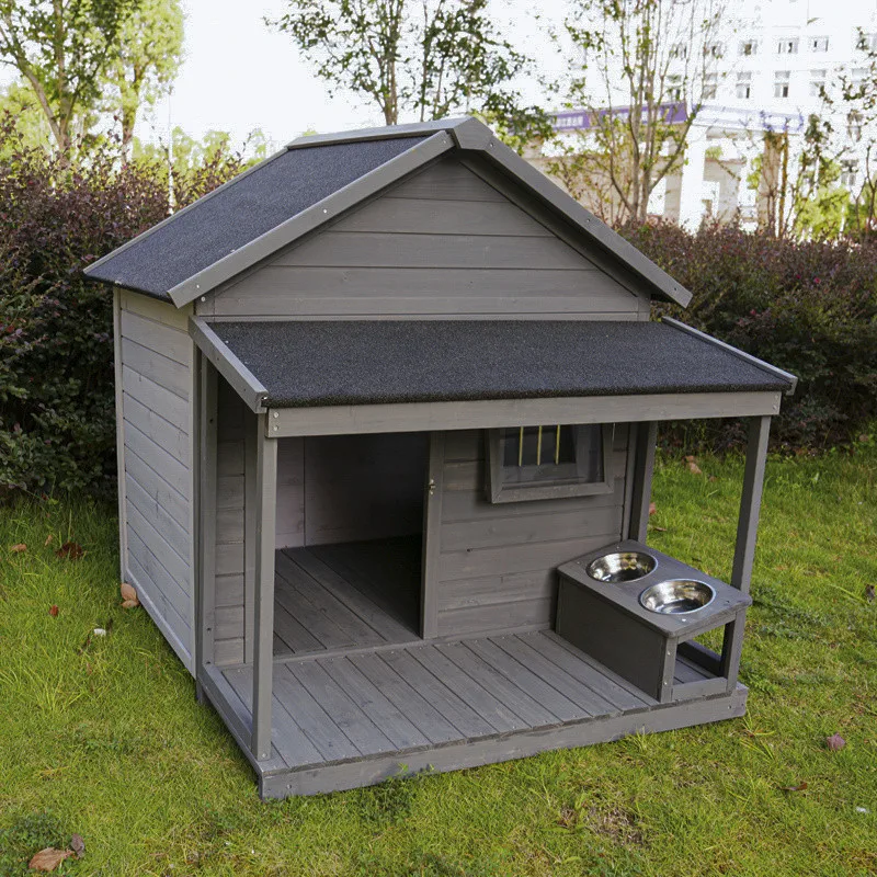 Multifunctional Wooden Dog House – Outdoor Windproof & Waterproof Kennel with Sun Visor and Feeding Bowl, Large Size