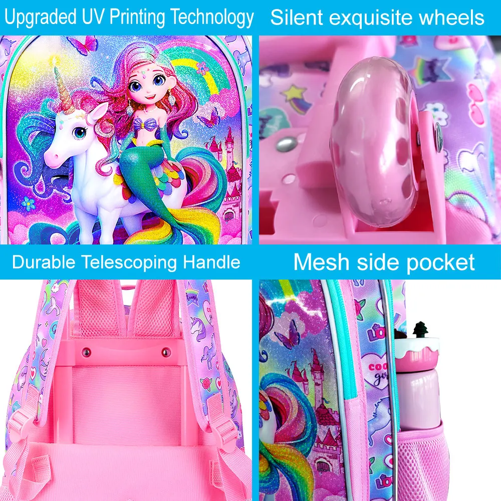 3PCS Tas Ransel Beroda untuk Anak Perempuan, Tas Sekolah Beroda dengan Tas Makan Siang - Unicorn dan Putri Duyung