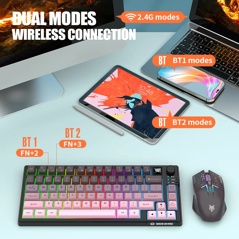 2025 Nuovo! Set tastiera e mouse premium dual mode (2,4G+BT5.1) |   Ricaricabile con LCD e manopola |   6 colori per ufficio |   Stampo privato